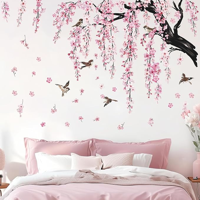 Large Pink Flower Wall Stickers, 47"x71" Removable DIY Romantic Cherry Blossom Tree Wall Murals Peel and Stick 3D Wall Art Stickers Home Decor for Gilrs Bedroom Nursery Rooms Living Room