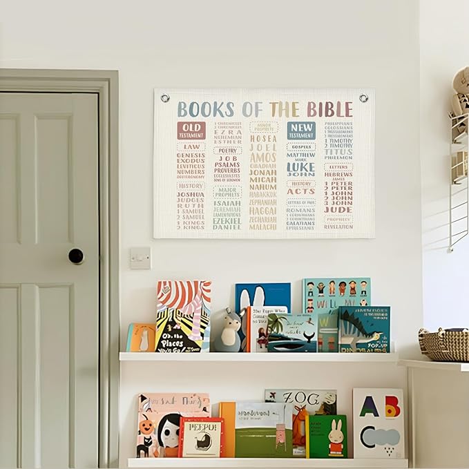 Lacama Christian Preschool Wall Decor Banner, Books of The Bible Wall Hanging Linen Banner Flag, Sunday School Decorations for Classroom, Pennant Christian, 30x20 in