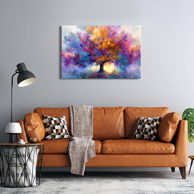 Vibrant Tree of Life Wall Art Colorful Framed Tree Canvas Prints for Living Room Abstract Nature Flowers Trees Canvas Artwork Watercolor Paintings Artwork for Bedroom Kitchen Home Decoration 24x36