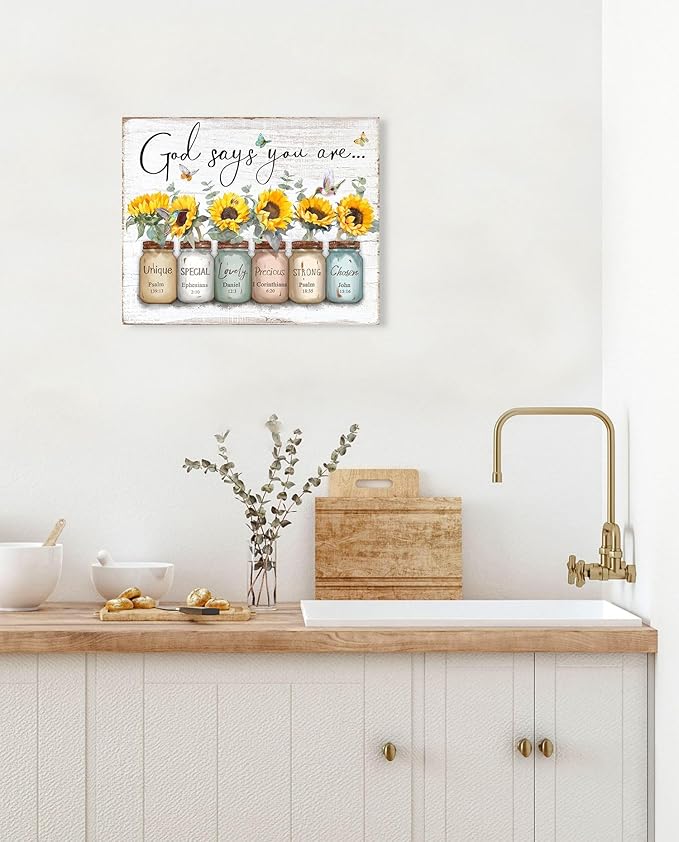 Inspirational Bible Verse Wall Art: God Says You Are Wall Sayings Sunflower in Mason Jar Picture Print Christian Gift Quotes Poster for Women Girl Bedroom Decor 12" x 15"