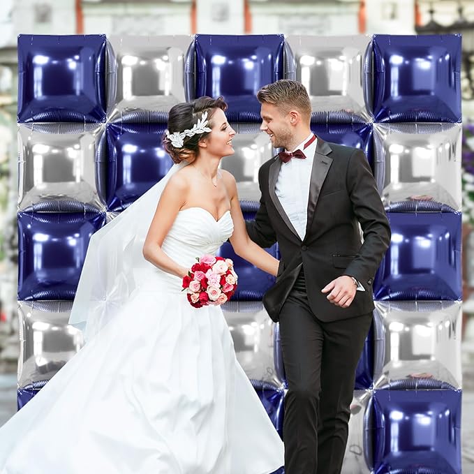 NISOCY 25PCS Blue Silver Square Foil Balloons Wall Backdrop Double Sided Navy Blue Silver Balloons Arch Kit for New Year Birthday Graduation Wedding Baby Bridal Shower Anniversary Party Decorations