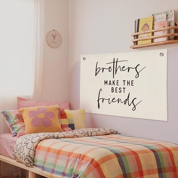 Brothers Make The Best Friends Banner - Boys Room Decor, Toddler Boy Room Decor, Linen Wall Hanging Canvas Flag for Nursery Playroom