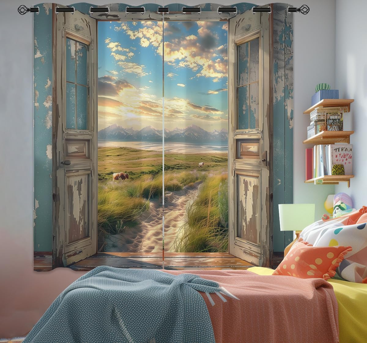 Landscape Blackout Curtains for Girls Boys Home Decor, Cow Sunset Grassland Mountain Natural Scenery Grommet Thermal Insulated Drapes Darkening Window Curtain for Bedroom Living Room, 55 x 63 Inch