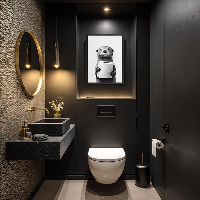 IAFWZX Wood Framed Funny Bathroom Wall Art, Black and White Otter Holding Toilet Paper Wall Decor, Cute Animal Wrapped Canvas Painting, Humor Otter Poster Print for Restroom Guest Bedroom 12"x16"