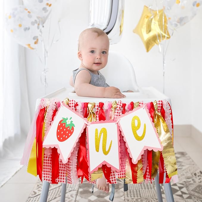 Strawberry Highchair Banner-1st Birthday Decoration,Sweet One Birthday Party Supplies for Girl Shower, Pink and Red Best Fairy Strawberry 1st Photo Props