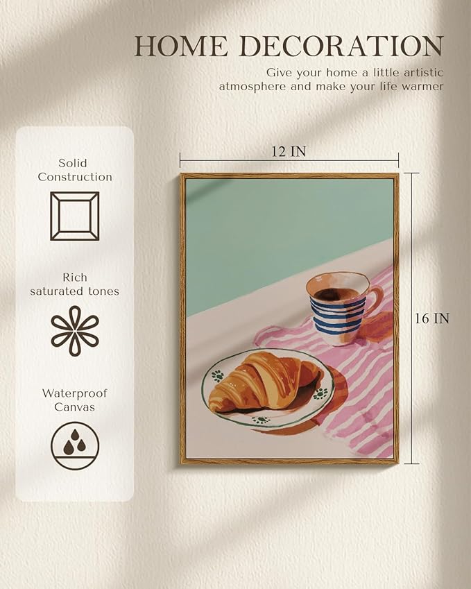 Framed Wall Art 12x16 Inch Coffee Cup and Croissant Canvas Print, Pastel Watercolor Breakfast Illustration Painting, Minimalist Modern Food Artwork Kitchen Dining Room Cafe Aesthetic Decor Gift