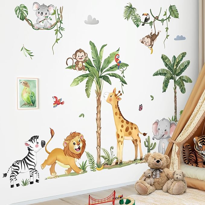 decalmile Large Jungle Animals Tropical Tree Wall Decals Safari Animals Giraffe Elephant Lion Wall Stickers Living Room Baby Nursery Kids Room Wall Decor(XL)