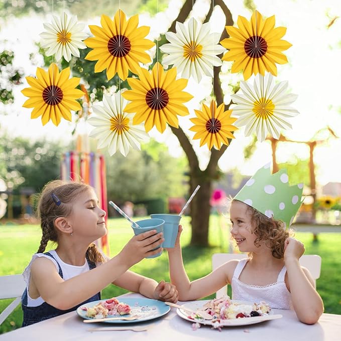 EASY JOY 9PCS Sunflower Party Decorations Sunflower Paper Fans Yellow Birthday Decorations Hanging Paper Flower Fan for Women for Summer Baby Shower Bulletin Board Decorations