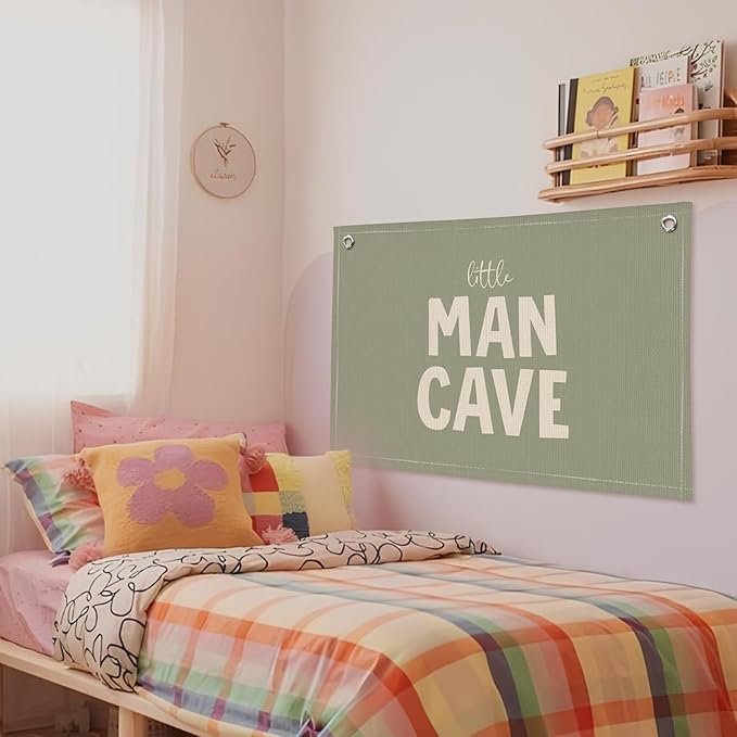 Little Man Cave Banner, Boys Room Decor, Sage Green Linen Canvas Banner Wall Hanging Flag Decor for Toddler Boy Nursery Playroom