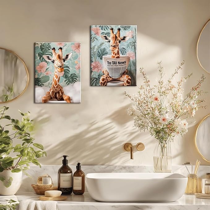 Funny Animal Bathroom Wall Art Set of 3, Cute Giraffe in Toilet Reading Newspaper Wall Decor Paintings Eclectic Giraffe Bathroom Canvas Prints Artwork 12x16 inch Framed