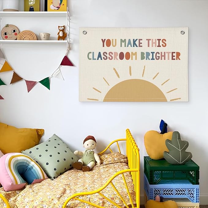 Boho Classroom Canvas Banner, Neutral Classroom Must Haves Wall Decor, Welcome Sign Back To School Linen Banner Flag Decor for School 20x30