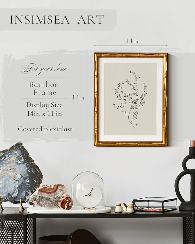 InSimSea Gold Bamboo Framed Canvas Wall Art, Minimalist Floral Botanical Paintings, Antique Vintage Picture Frame with Mat, Victorian Home Wall Decor for Living Room Bedroom Gallery, 11x14inch