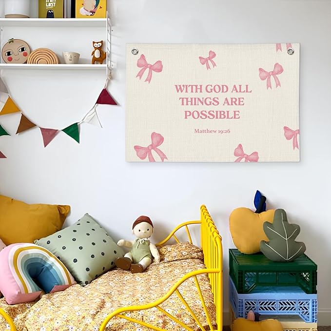 Christian Wall Art "With God All Things Are Possible" 20x30 Inch - Pink Coquette Bow Banner, Girls Bedroom Decor, Linen Bible Verse Hanging, Inspirational Faith Decor, Church Nursery Sign