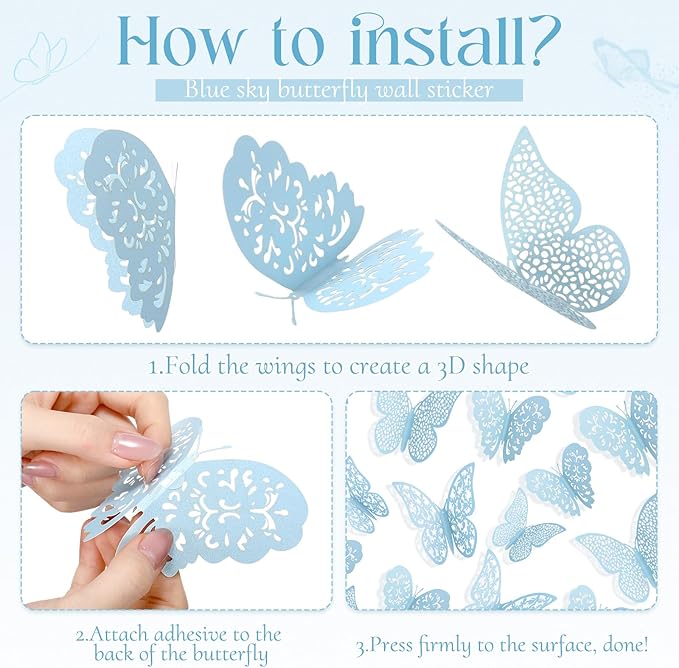 Bememo 72 Pieces 3D Butterfly Wall Decals Sticker Decal Wall Decor Art Decorative Sticker 3 Sizes for Room Offices Bedroom Bathroom Living Room Decor(Sky Blue)