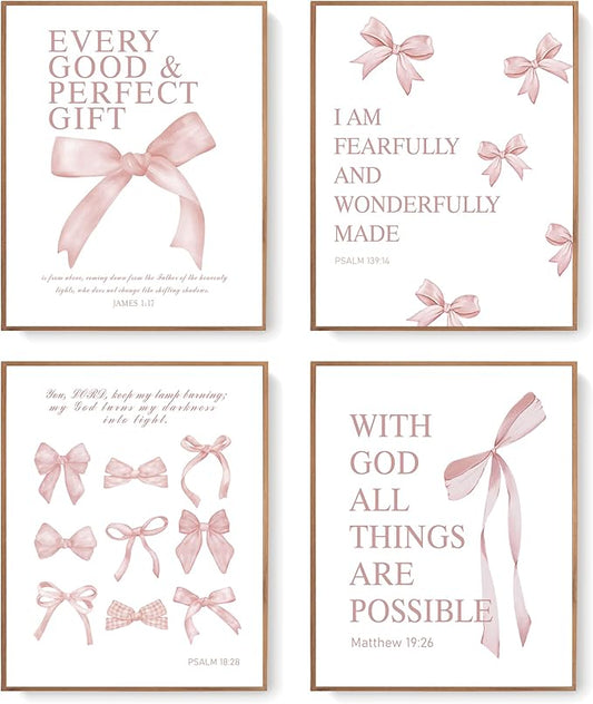 LARTSFRO Coquette Pink Bow Wall Art Decor Posters, Blush Pink Bow Room Bedroom Bathroom Dorm Wall Art Decor Aesthetic for College Teen Girls Gifts, Inspirational Bible Verses Bow Wall Decor, 10x8 Inch Set of 4 Pcs Bow Pictures (UNFRAMED)