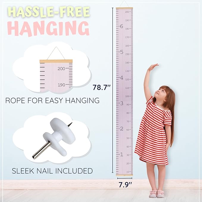 Growth Chart for Wall - Height Chart for Toddlers (79” x 7.9”) - Canvas Kids Tape Measure Chart - Growth Chart for Kids w/Wood Frame Panel - Neutral Height Measurement for W