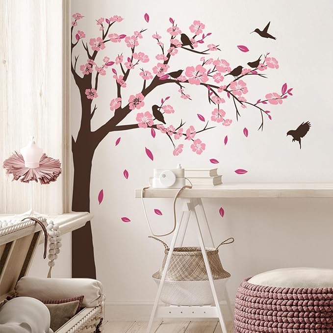 Pink Flower Tree Wall Stickers, Removable DIY Romantic Peach Blossom Tree Wall Murals Peel and Stick 3D Wall Art Stickers Murals Home Decor for Gilrs Bedroom Nursery Rooms Living Room
