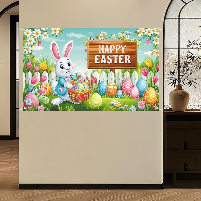 Happy Easter Backdrop 71" X 43" Happy Easter Day Banner Easter Rabbit Party Decorations Easter Bunny Background
