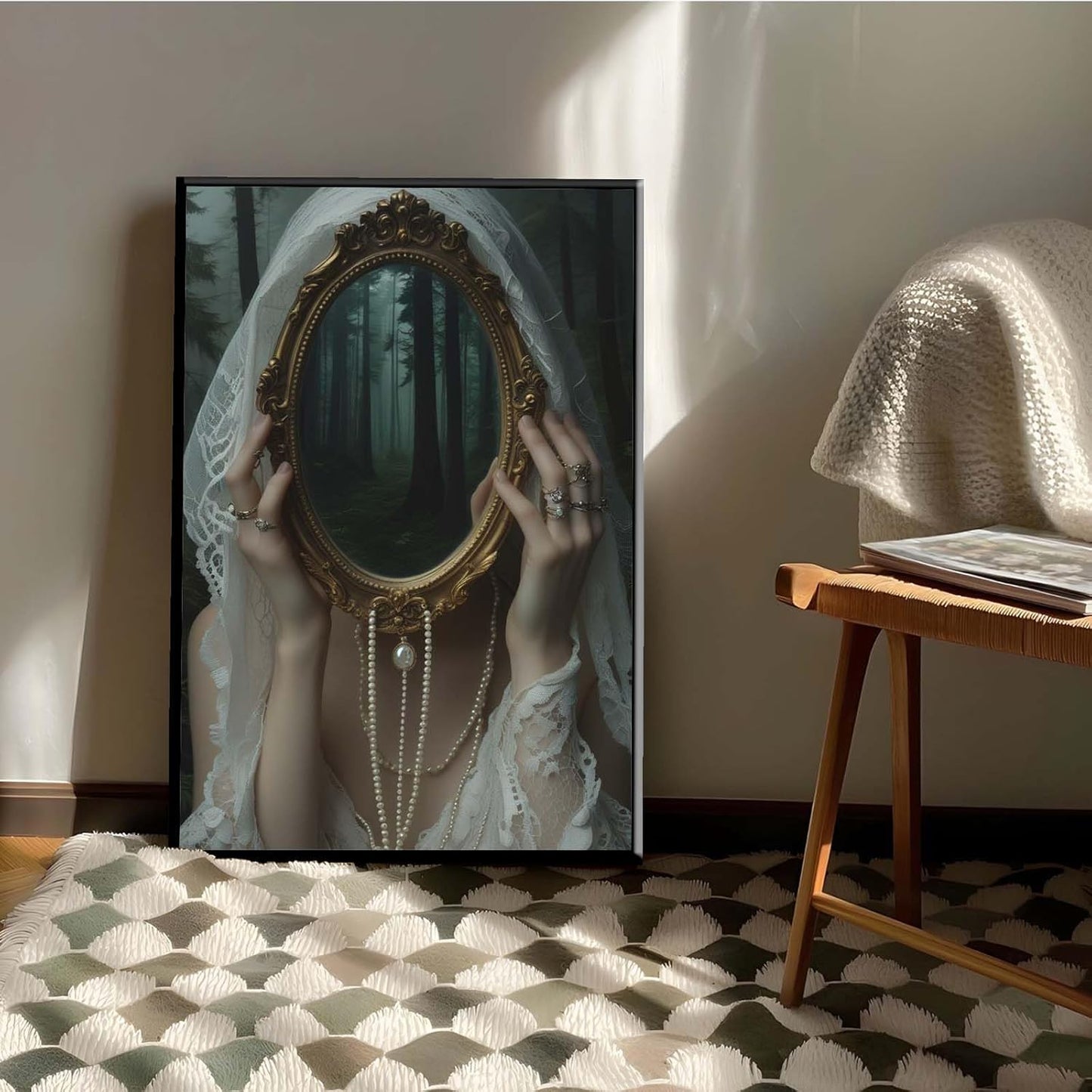 Mirror face covering dark art poster print melancholy gothic painting vintage feminine print victorian style decoration antique art16x24in Metal blackFramed