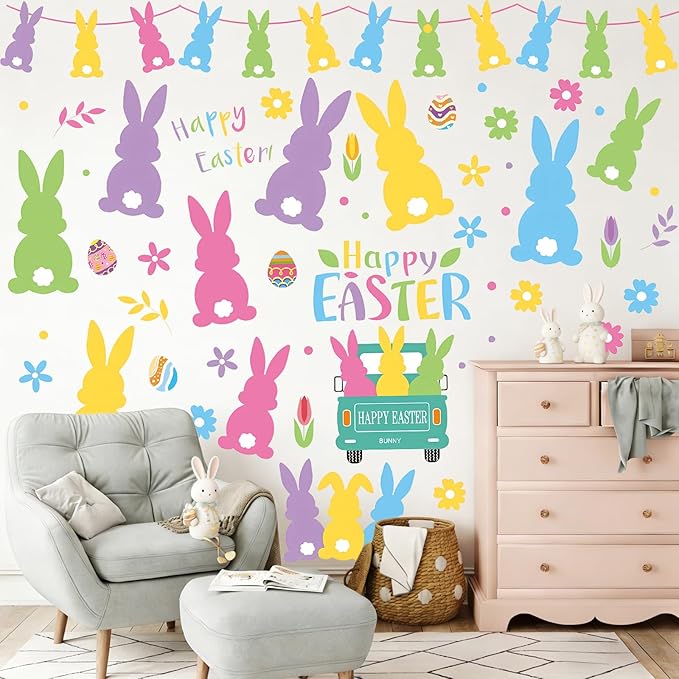 Happy Easter Bunny Wall Decals, 9 Sheet Easter Colorful Rabbit Wall Stickers Removable for Home Classroom Office Wall Decorations