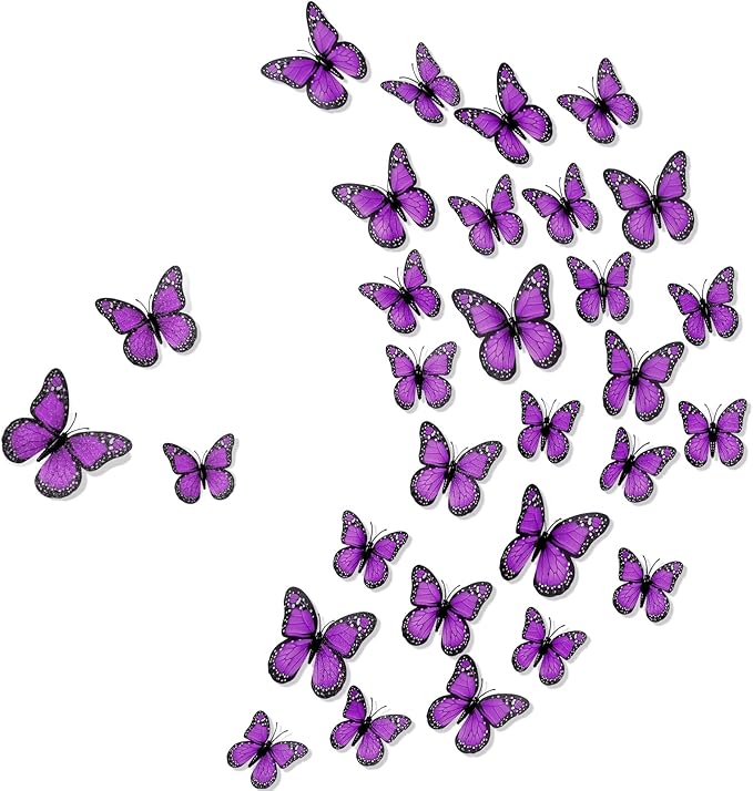 Chuangdi 48 Pcs Purple Monarch Butterfly Decorations 3 Size Fake Butterflies Realistic Butterfly Craft Artificial Mariposas Wall Decor for Craft Wedding Home Birthday Party (3.2inch,4inch,4.7inch)