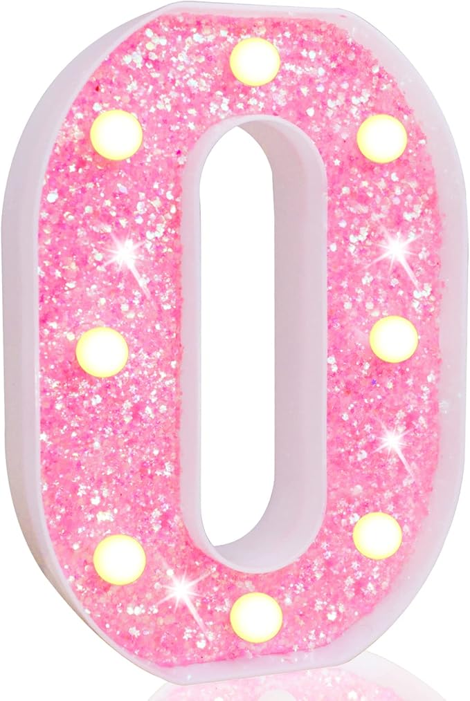 Pooqla LED Marquee Letter Lights, Pink Glitter Light Up Letters Alphabet Sign Battery Powered Night Light, Birthday Party Wedding Girls Gifts, Christmas Room Dorm Bedroom Decoration, Pink Letter O
