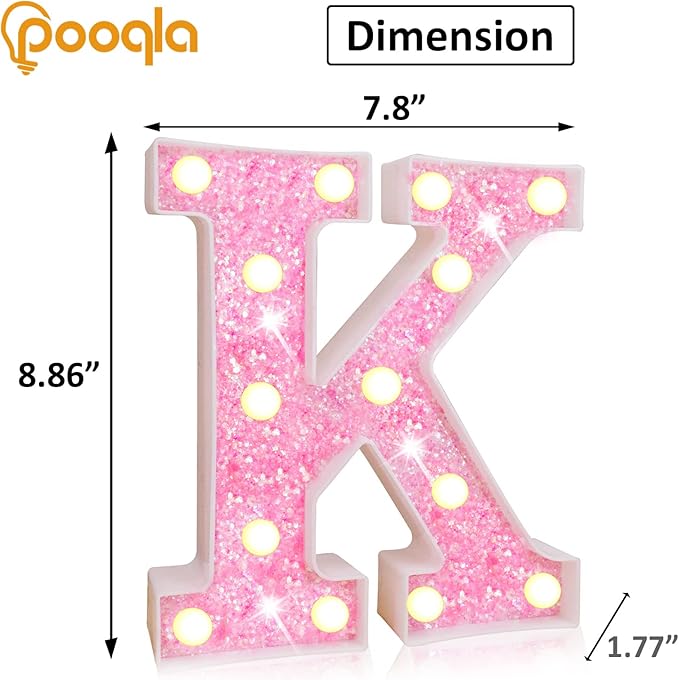 Pooqla LED Marquee Letter Lights, Light Up Pink Letters Glitter Alphabet Letter Sign Battery Powered for Night Light Birthday Party Wedding Girls Gifts Home Bar Christmas Decoration, Pink K