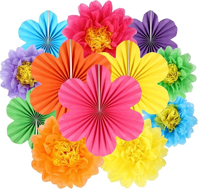 BestoFun 12PCS Tissue Paper Flower Fans for Mexican Party Decorations – Colorful Fiesta Decor for Cinco de Mayo, Birthday, Wedding, Baby Shower, Holiday Parties