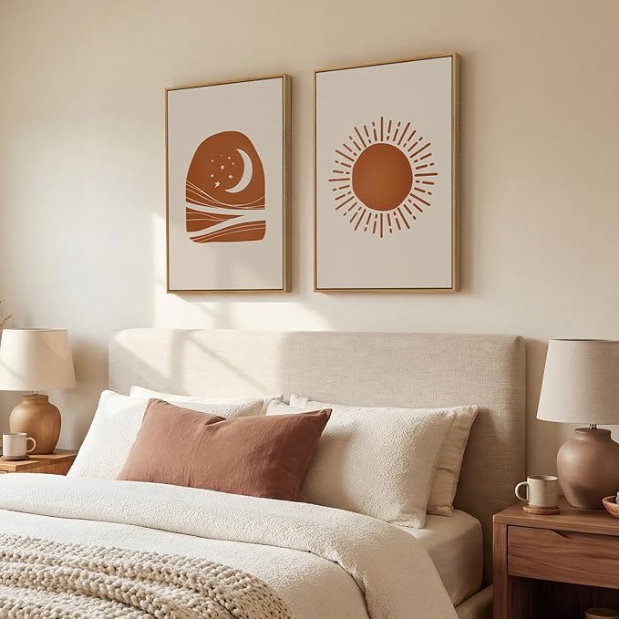 Framed Boho Abstract Sun and Moon Wall Art Set of 2, Mid Century Modern Minimalist Neutral Canvas Artwork for Walls, Terracotta Beige Bohemian Celestial Living Room Bedroom Home Wall Decor, 16x24 Inch
