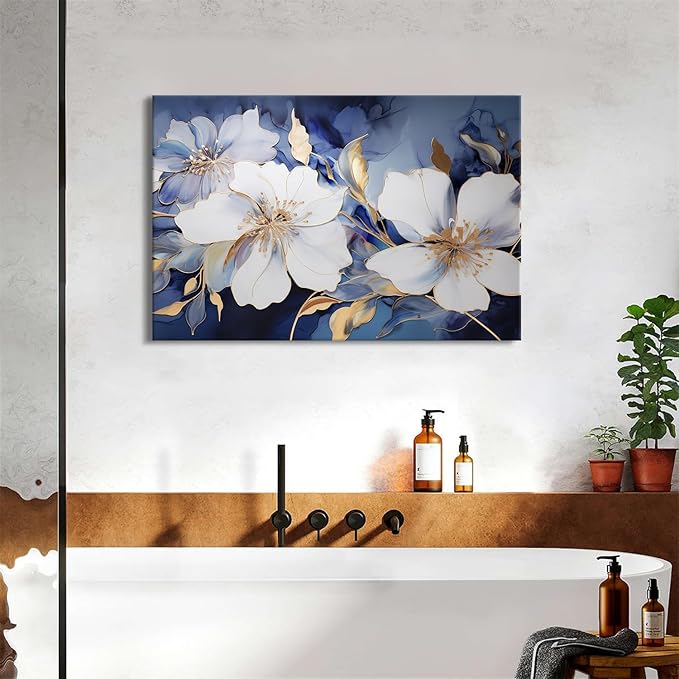 Blue and Gold Wall Art Abstract Flowers Picture Wall Decor Marble Ink Painting Still Life Floral Canvas Prints Poster Watercolor White Floral Artwork for Living Room Modern Home Decorations 24x36"
