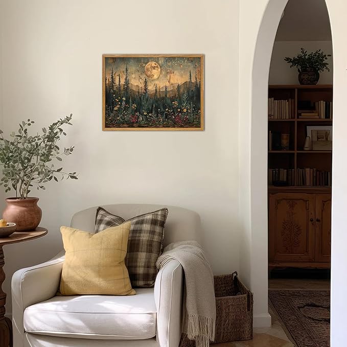 KBKBART Framed Canvas Wall Art Vintage Decor, Forest Moon Painting Prints, Nature Pine Tree Woodland Wall Decor, Dark Cottagecore Landscape Artwork for Living Room Bedroom 12x16 inch