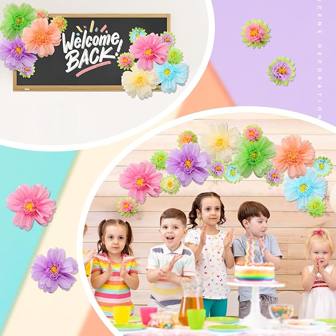 TaoBary Large Colorful Tissue Paper Flowers Giant Fiesta Paper Pom Poms Mexican Birthday Decorations for Wall Wedding Backdrop Centerpiece Party Supplies(20" and 10",Pastel Color,12 Pcs)