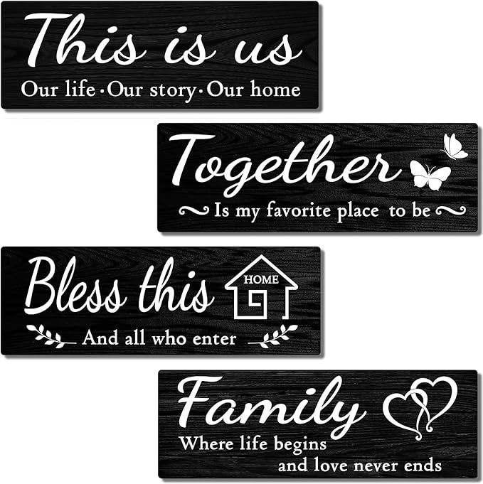 4 PCS Home Wall Decor Signs, Rustic Wooden Living Room Hanging Decorations with Quotes THIS IS US/TOGETHER/BLESS THIS/FAMILY, Housewarming Gifts for Wedding Kitchen