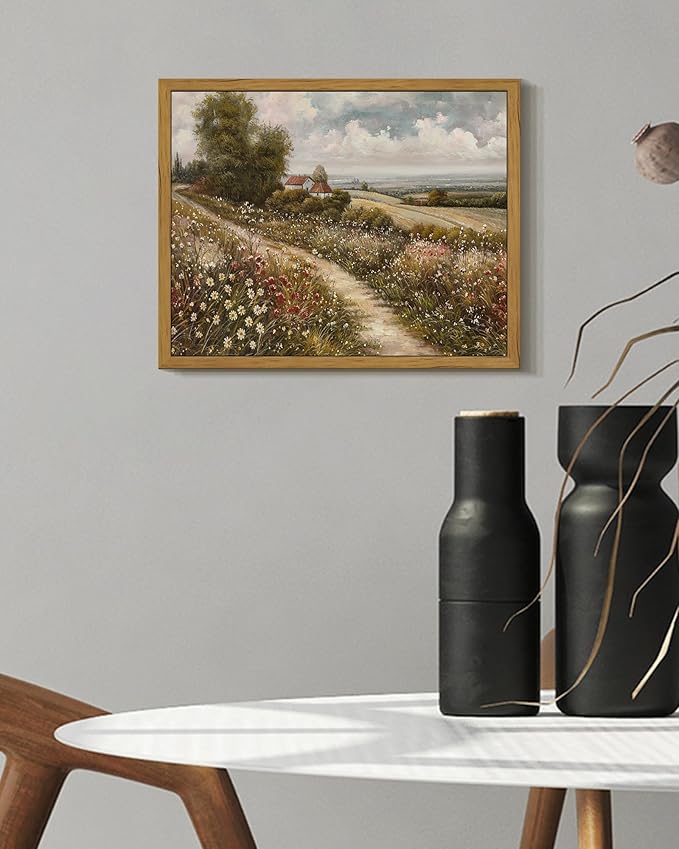 SHENIFY Vintage Landscape Framed Wall Art Rustic Countryside Wildflower Field Farmhouse Decor Retro Meadow with Flowers Painting for Kitchen Living Room Bedroom Bathroom - 8x10in Natural Framed