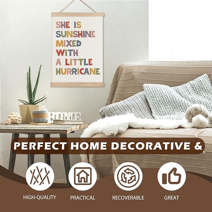 LZYRF Inspirational Wall Decor for Girls Room, She is Sunshine Mixed with a Little Hurricane Positive Quote Canvas Prints Wall Decor for Girls Kids Room Nursery Playroom 12x16 Inch