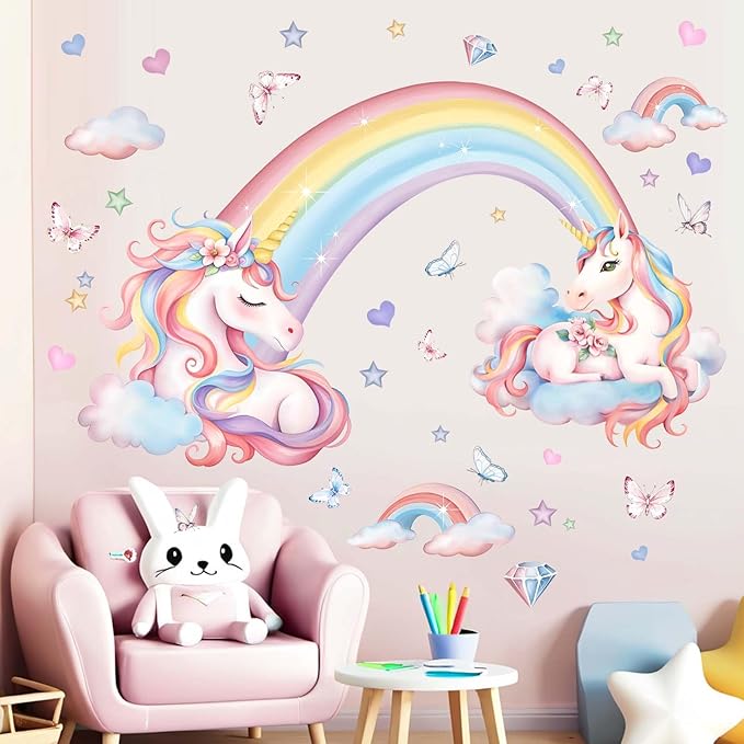 Unicorn Wall Stickers for Girls Bedroom: Peel and Stick Rainbow Unicornio Cloud Wall Decals - Kids Baby Room Nursery Daycare