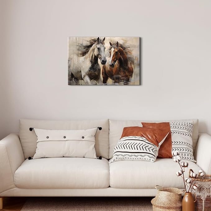 Vintage Horse Wall Art White and Brown Horses Canvas Painting for Office Rustic Farmhouse Animal Prints Retro Horse Pictures Wall Decor Western Artwork for Living Room Bedroom Home Decorations 16x24"