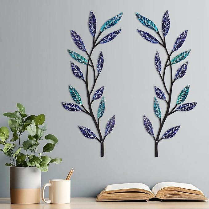 Metal Tree Leaf Wall Decor 2 PCS Rustic Vine Branch Leaf Wall Art for Living Room Bedroom Bathroom Decorations - Frosted Starlight