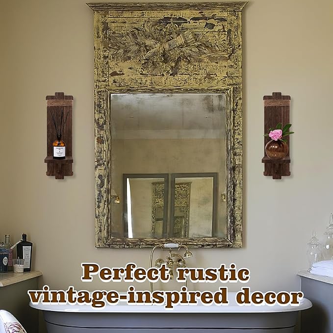 Farmhouse Wall Decor Candle Sconces - 2 Pcs Vintage Rustic Handmade Wooden Wall-Mount Candle Holders for Bedroom Living Room Bathroom Home Hanging Art Decorations Accessories Gifts, Brown