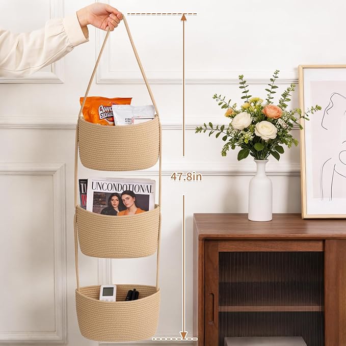 Goodpick 3-Tier Hanging Basket Over the Door, Cotton Rope Wall basket, Hanging Nursery Decor for Organizing, Jute