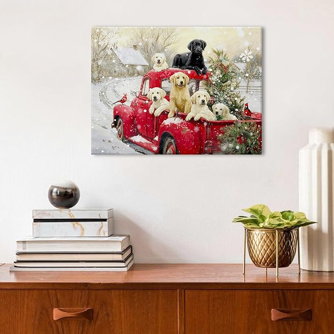 Christmas Wall Art for Living Room Red Pickup Truck Wall Decor Farmhouse Dogs Canvas Prints Christmas Tree Pictures Country Winter Snow Scenic Paintings Artwork Bedroom Kitchen Home Decorations 12x16"