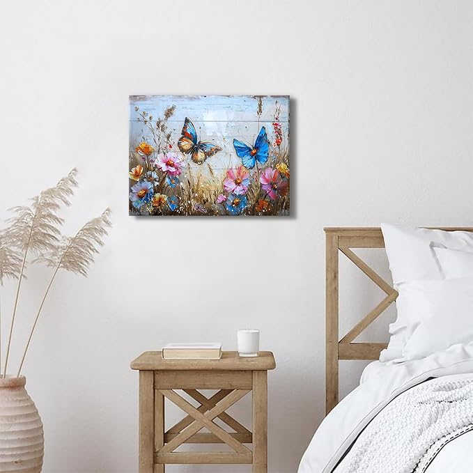 Butterfly Wall Art for Bathroom Abstract Flower Pictures Wall Decor Colorful Wildflower Canvas Prints Farmhouse Butterfly Botanical Art Wall Paintings for Bedroom Living Room Home Decoration 12x16"