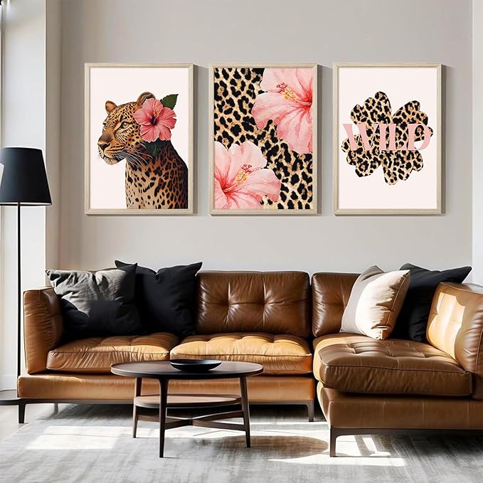 Trendy Leopard Wall Art Pink Cheetah Print Room Decor Leopard Flower Canvas Wall Decor Cheetah Aesthetic Poster Girly Pink Preppy Picture Funky Y2k Artwork for Girl Bedroom 12x16x3 Inch Wood Framed