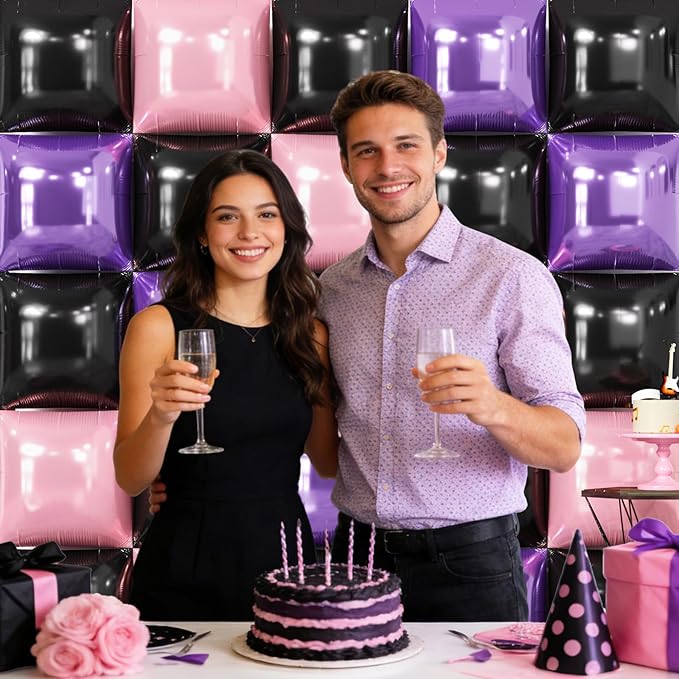 NISOCY 25PCS Purple Pink Black Square Foil Balloons Wall Backdrop Double Sided Black Pink Balloon Arch Kit for Birthday Baby Bridal Shower Carnival Cocktail Girls Theme Party Decoration