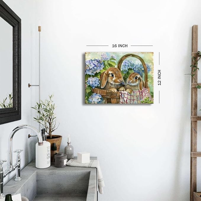 Bunny Wall Art Decor Cute Rabbits Flowers Canvas Prints Pictures for Kitchen Dining Room Decor Rustic Animals Floral Painting Vintage Farmhouse Easter Artwork for Bedroom Home Decorations 12x16"