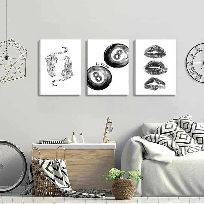 BOKPEN Trendy Black and White Leopard Canvas Wall Art,Funky Y2k Lucky 8 Ball Posters,Retro Kiss Lips Print Picture,Cheetah Prints Aesthetic for Girls Room College Dorm Home Decor (12x16 canvas)
