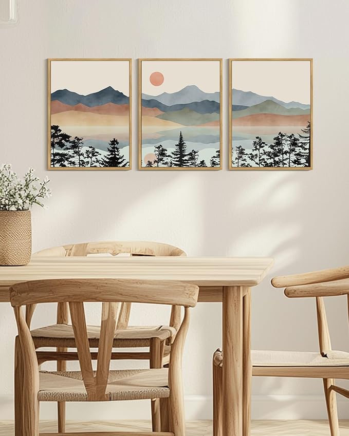 Drsoum Mountain Range Landscape Wall Art Framed Ink Wash Watercolor Nature Wall Decor Laker Sun Rises Prints Bedroom Living Room Ready to Hang 12x16in Natural Framed