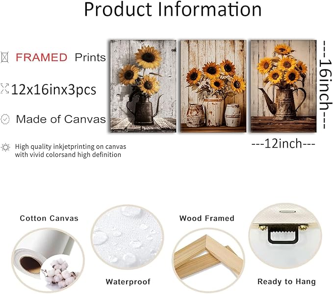 AOYUSMO 3 Piece Sunflower Wall Art Rustic Vintage Floral Canvas Wall Art Flower in Pitcher Pictures Wall Decor Farmhouse Art Prints for Kitchen Living Room Bedroom 12"x16" Framed