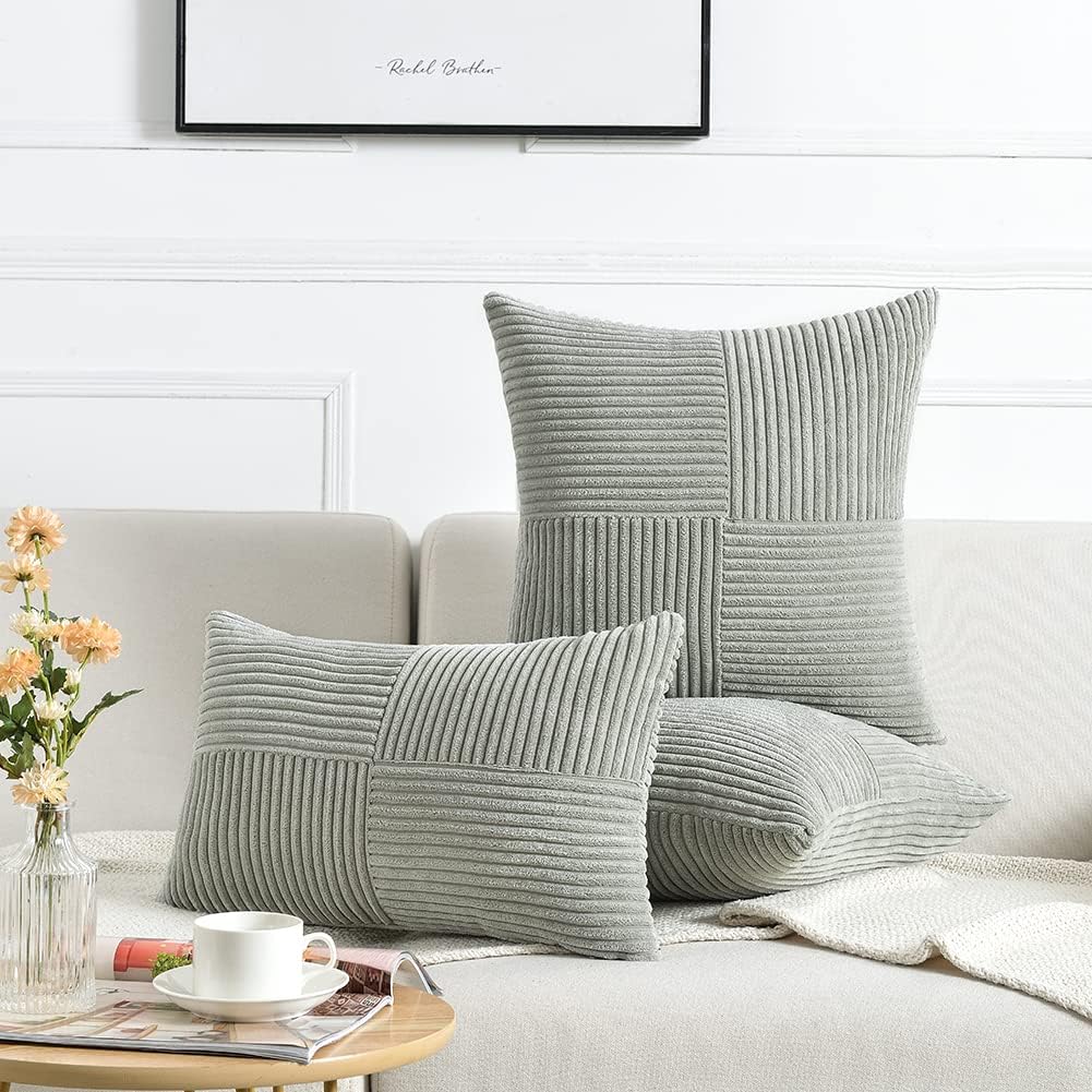 Fancy Homi 2 Packs Grey Long Lumbar Decorative Throw Pillow Covers 12x24 Inch for Couch Bed Sofa, Rustic Farmhouse Boho Home Decor, Soft Striped Corduroy Rectangle Accent Cushion Case 30x60 cm