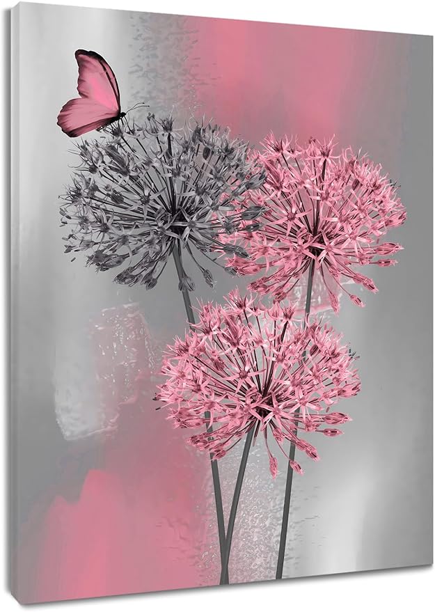 LB Pink Dandelion Canvas Wall Art Pink and Grey Dandelion with Butterfly on Modern Abstract Wall Art Aesthetic Wall Decor for Living Room Bedroom Bathroom Office Framed Ready to Hang 16L x 12W